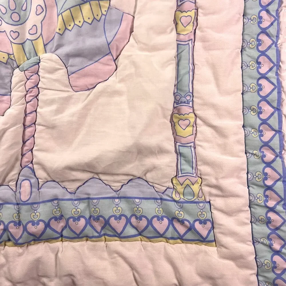 Vintage 80s 90s Baby Quilt Carousel Horse Merry Go Round Pink Lace Crib Blanket